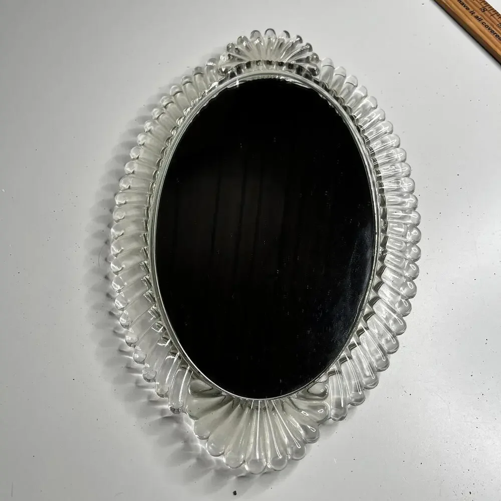 Vintage Oval Glass Vanity Mirror Tray‎ Clear Scalloped Edge Made In USA Decor