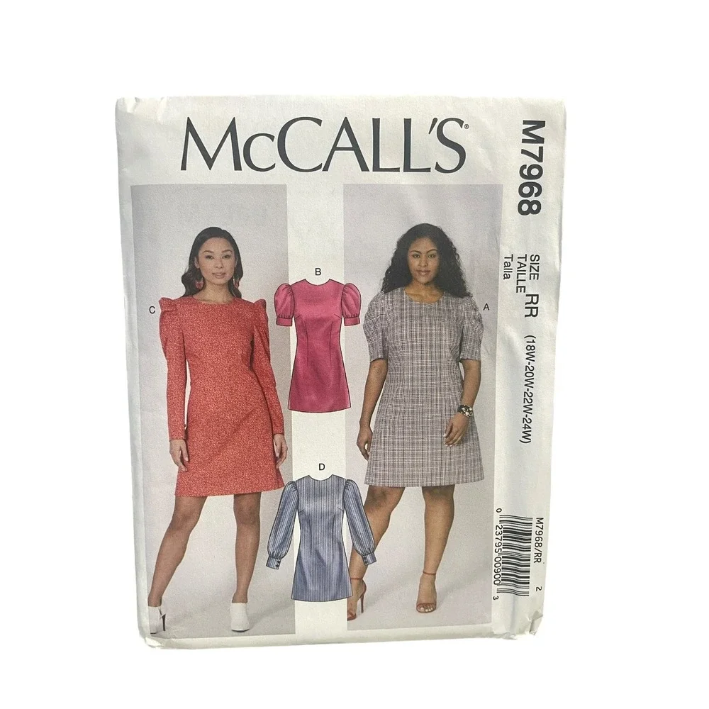 McCall's M7968 Women's Dresses Puff Sleeve Tunic Shift Plus Size 18W-24W UNCUT‎