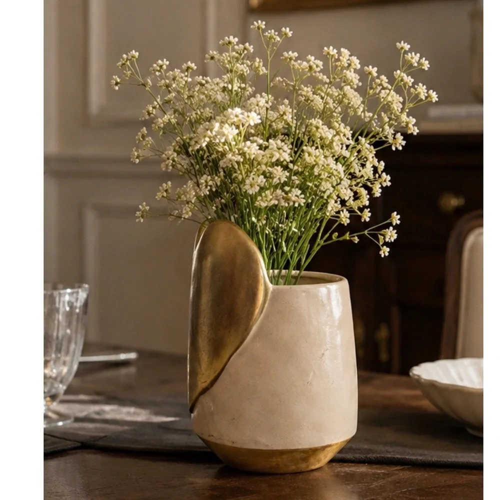 Burton + Burton White Ceramic‎ Vase with Gold Heart & Base 6.5 Inch