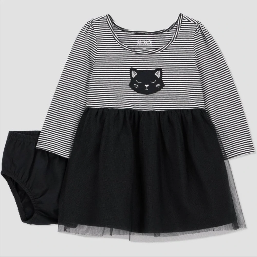 🖤 NWT Striped Cat Dress w/ Tulle Skirt & Diaper Cover - Carter’s - NB 🖤