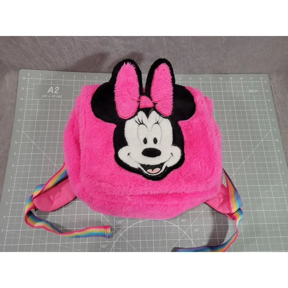Disney Store Minnie Mouse Small‎ BACKPACK Fluffy Pink Exterior Rainbow Staps