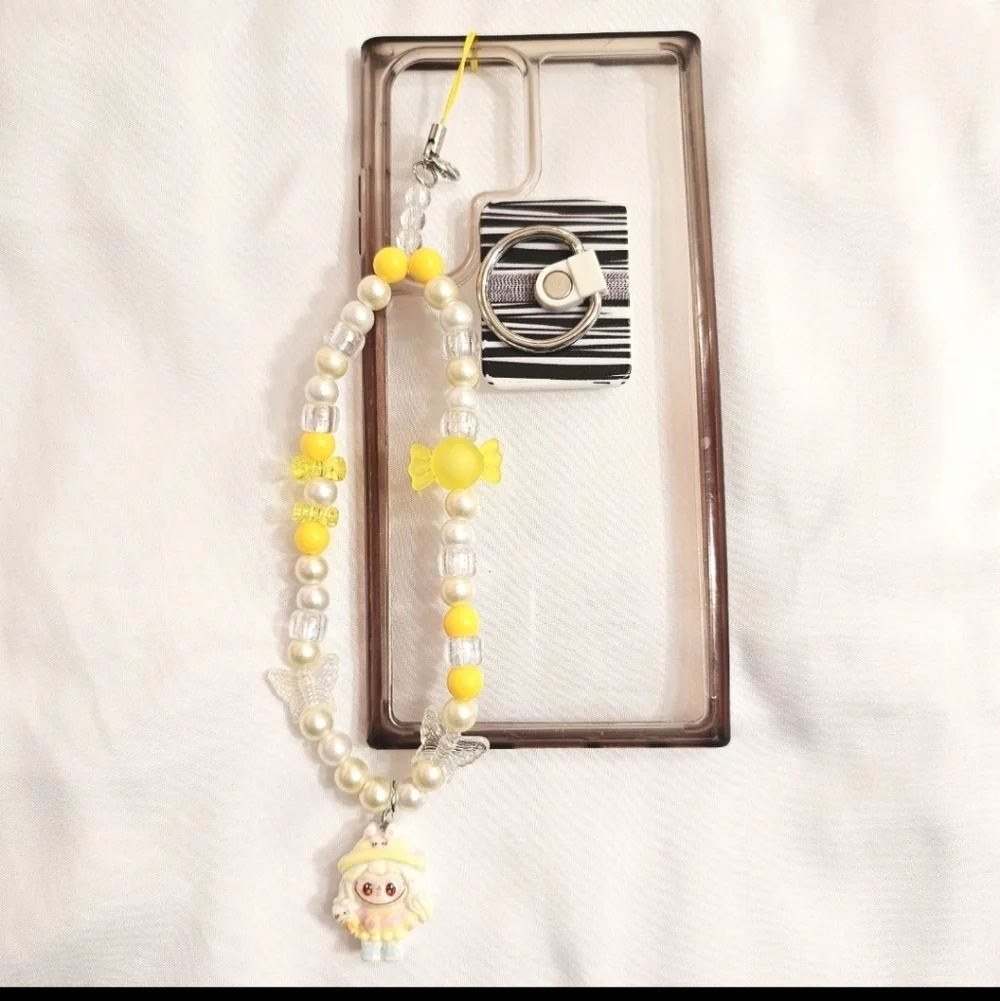 Cute Pastel Yellow Girly Dainty Elegant Beaded Labubu Phone Charm or Wrist Strap
