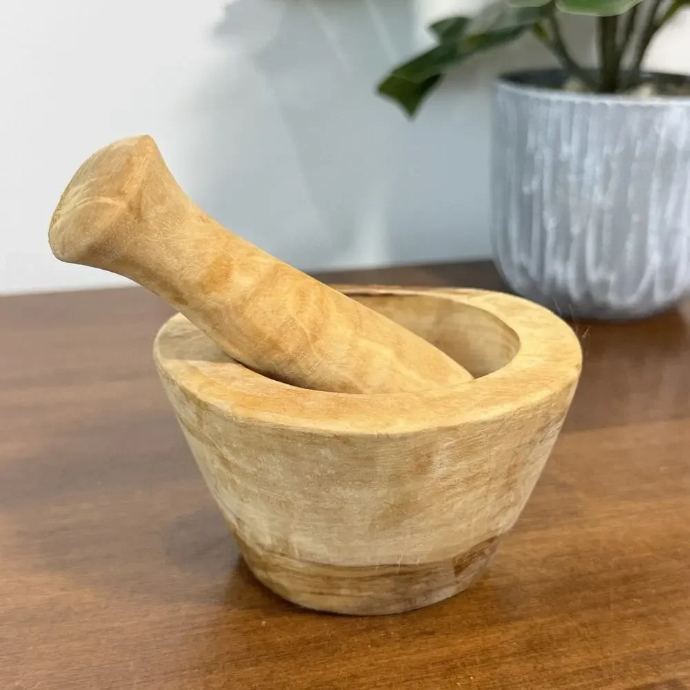 Wooden Mortar and Pestle Set Spice Herb Grinder Natural Wood Kitchen Tool