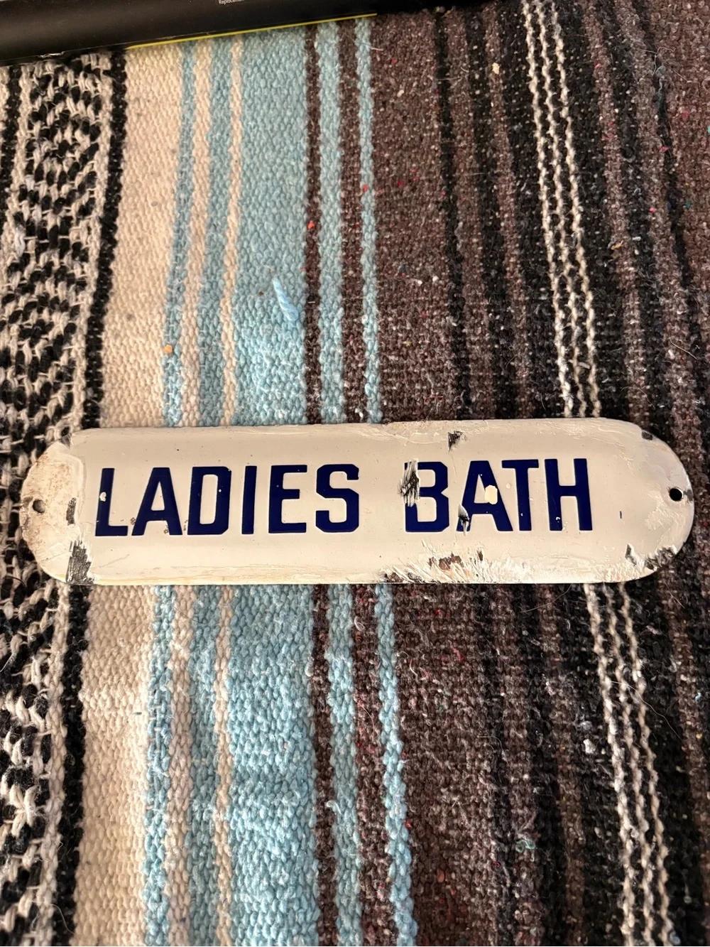Antique metal Ladies Bath Sign — White with Blue Lettering
