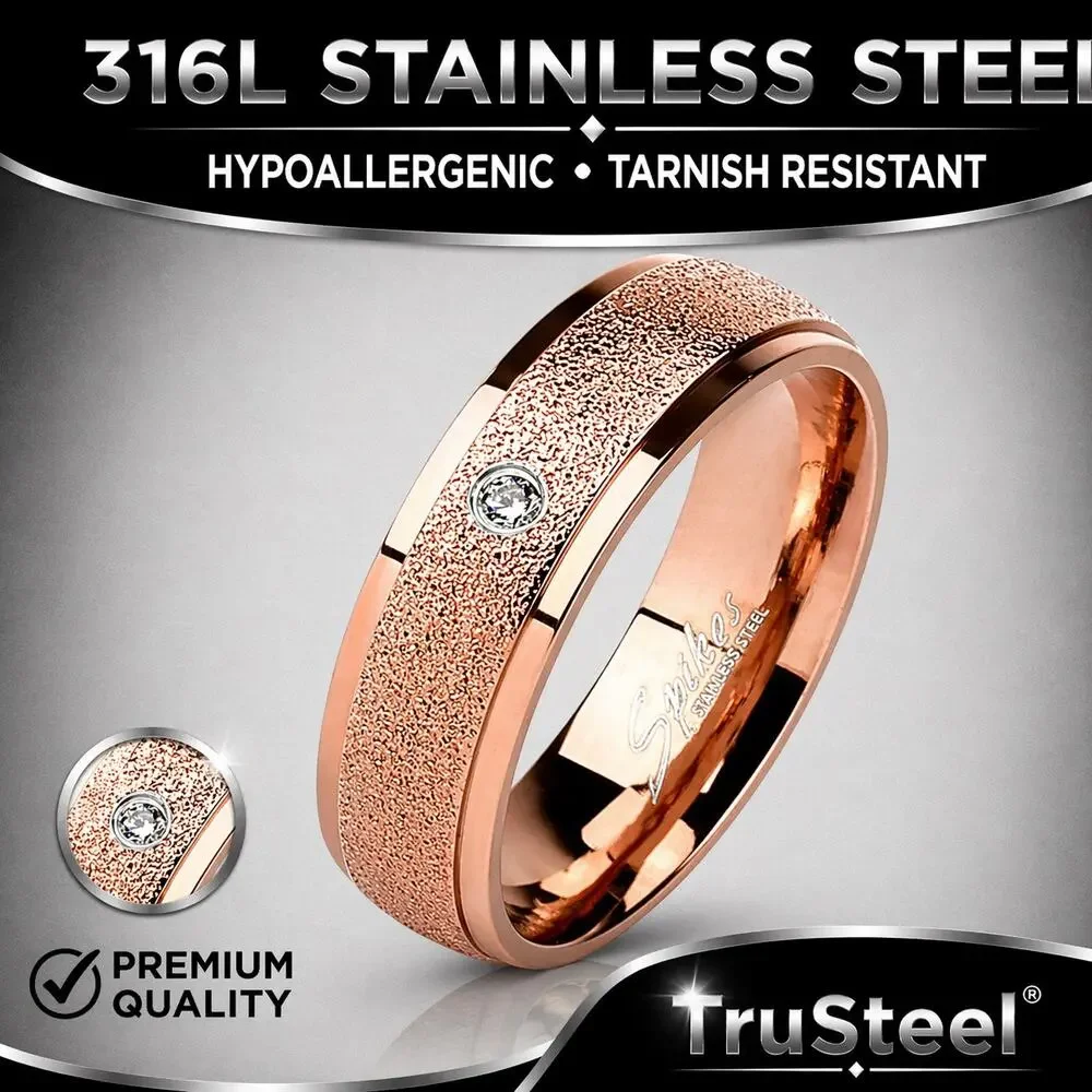 Sand Blast CZ Rose Gold 316L Stainless Steel Ring hypoallergenic band Size 12