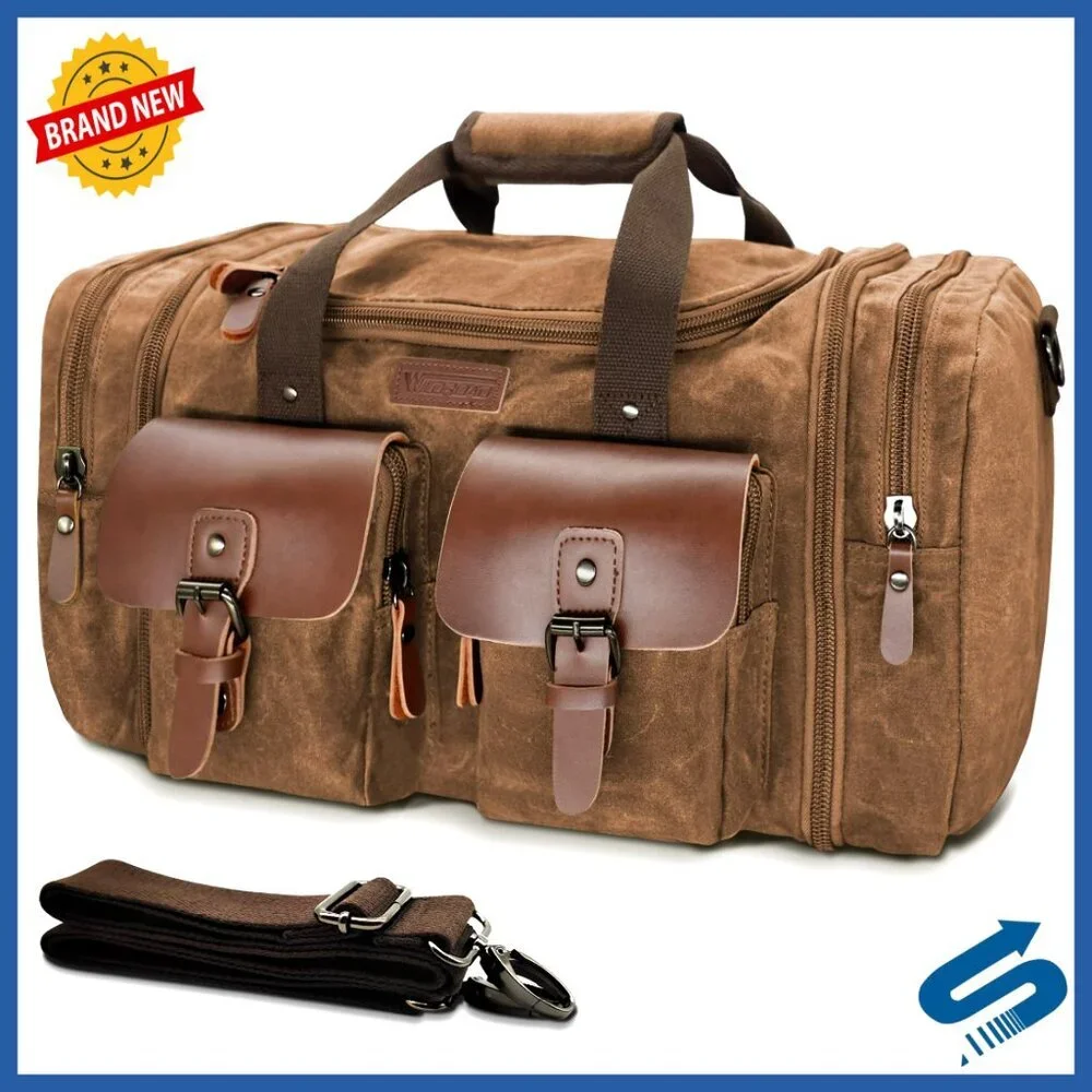 Vintage Waxed Canvas Leather Travel Duffle Bag Waterproof Weekender Carry On