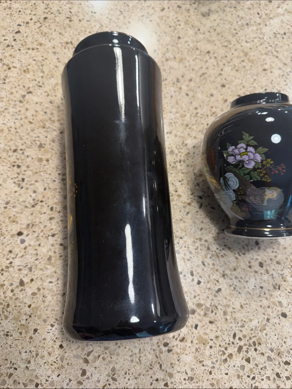 Black Lacquered Vase Set with Gold & Pastel Bird Motif Peacock