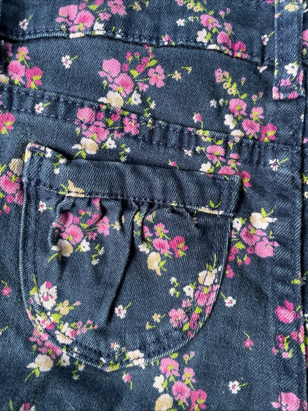 GAP Navy Floral Denim Short Overalls with Pink & Cream Flowers