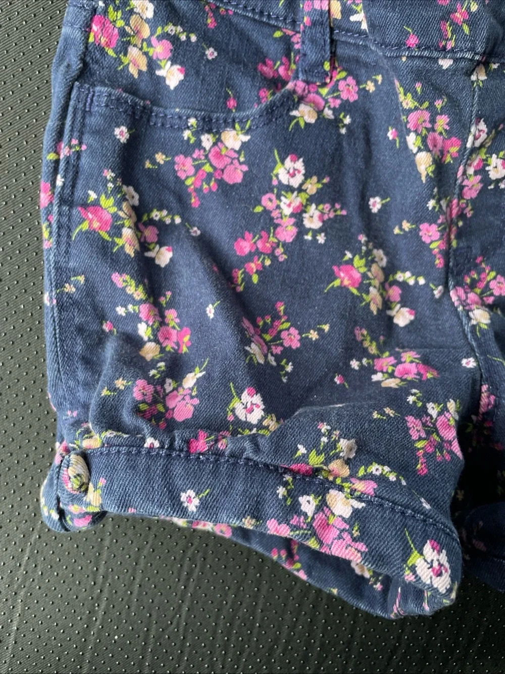 GAP Navy Floral Denim Short Overalls with Pink & Cream Flowers