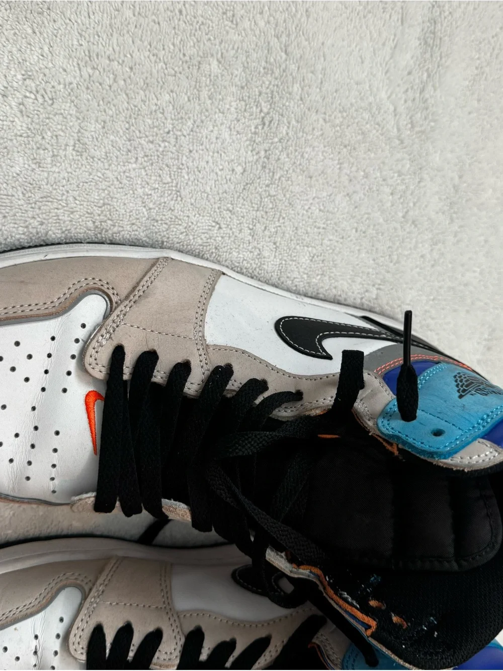 Jordan High-Top Sneakers in White, Gray, Black with Orange Accent