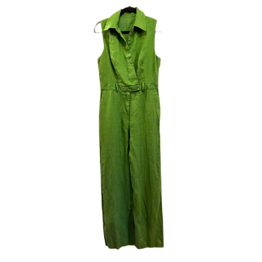 ZARA Green Linen Belted Sleeveless Wide Leg Jumpsuit Overalls Women's Size Small