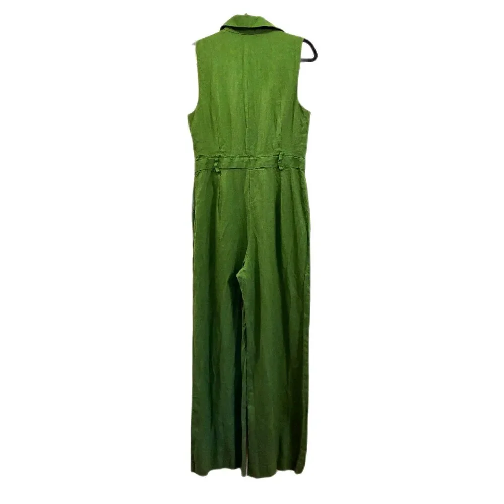 ZARA Green Linen Belted Sleeveless Wide Leg Jumpsuit Overalls Women's Size Small