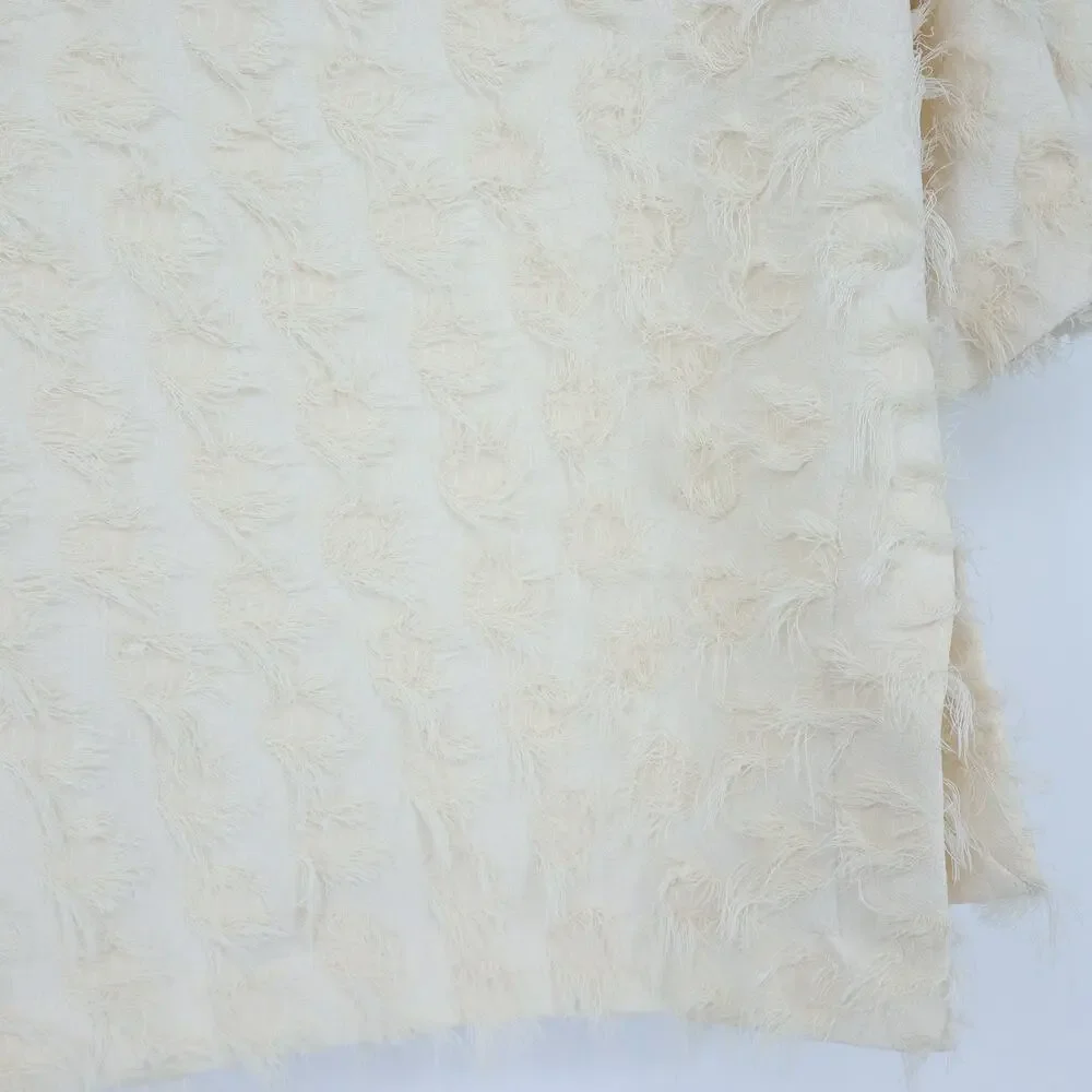 ZARA Fringe Jacquard Top Ivory Puff Sleeve Relaxed Fit Women's XS