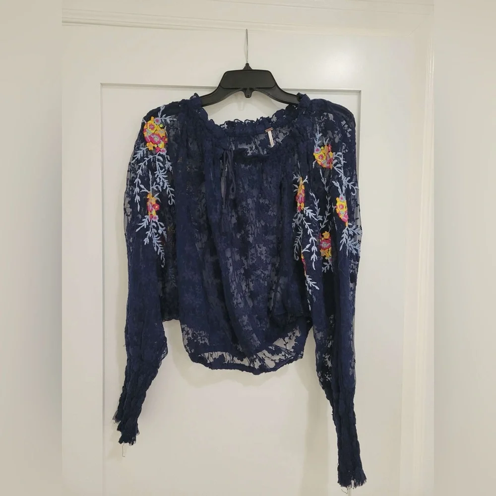 Free People navy blue lace floral embroidered long sleeve see thru dolman blouse