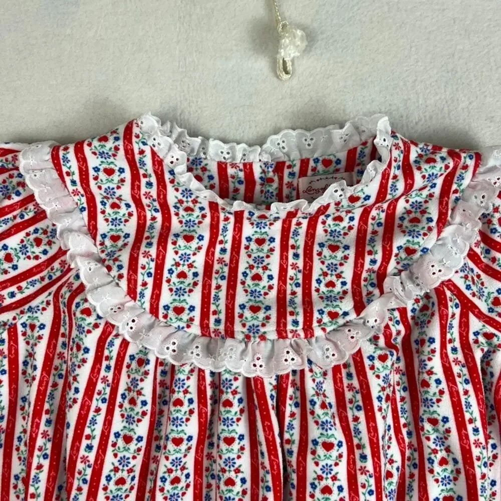 Lanz Nightgown Girls M 7/8 Red White Tyrolean Floral Fleece Eyelet Lace