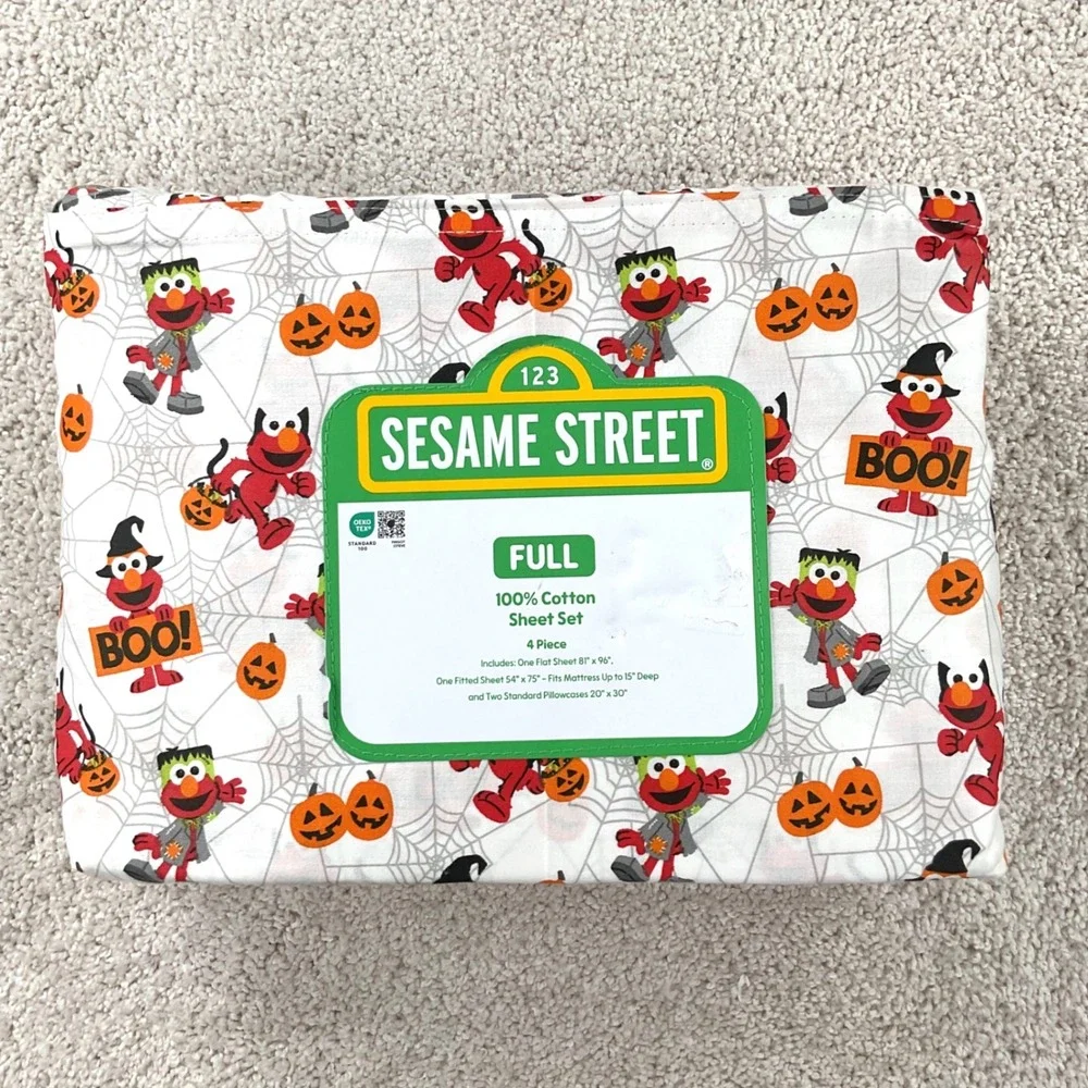 Sesame Street Halloween Elmo Full Sheet Set 100% Cotton 4pc Bedding New