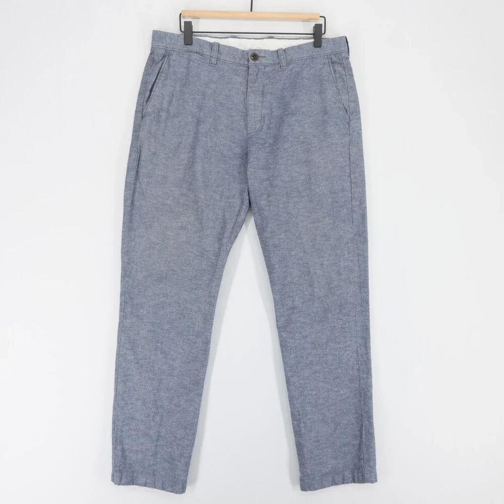 J Crew 770 Pants Mens 33x32 Blue Chambray Cotton Linen Blend Urban Slim