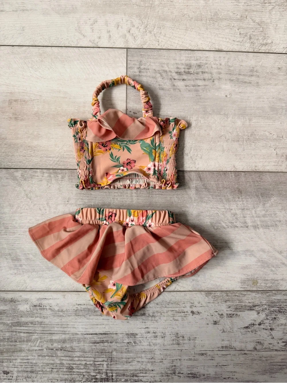 For Love And Lemons Girls Peach Floral & Stripe Two-Piece Swim Set
