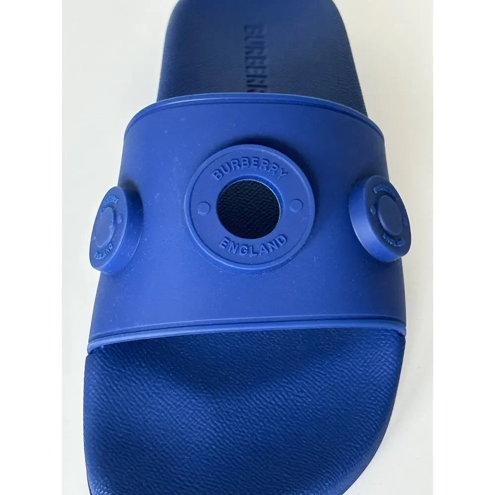 NIB $420 Burberry Eyelet Men’s Furley Royal Blue Slide Sandals 11 US 8049674 IT