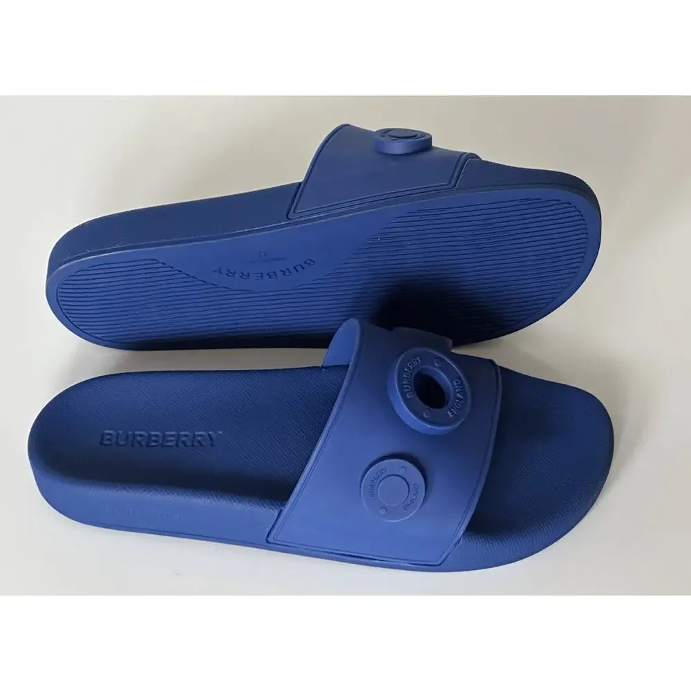NIB $420 Burberry Eyelet Men’s Furley Royal Blue Slide Sandals 11 US 8049674 IT