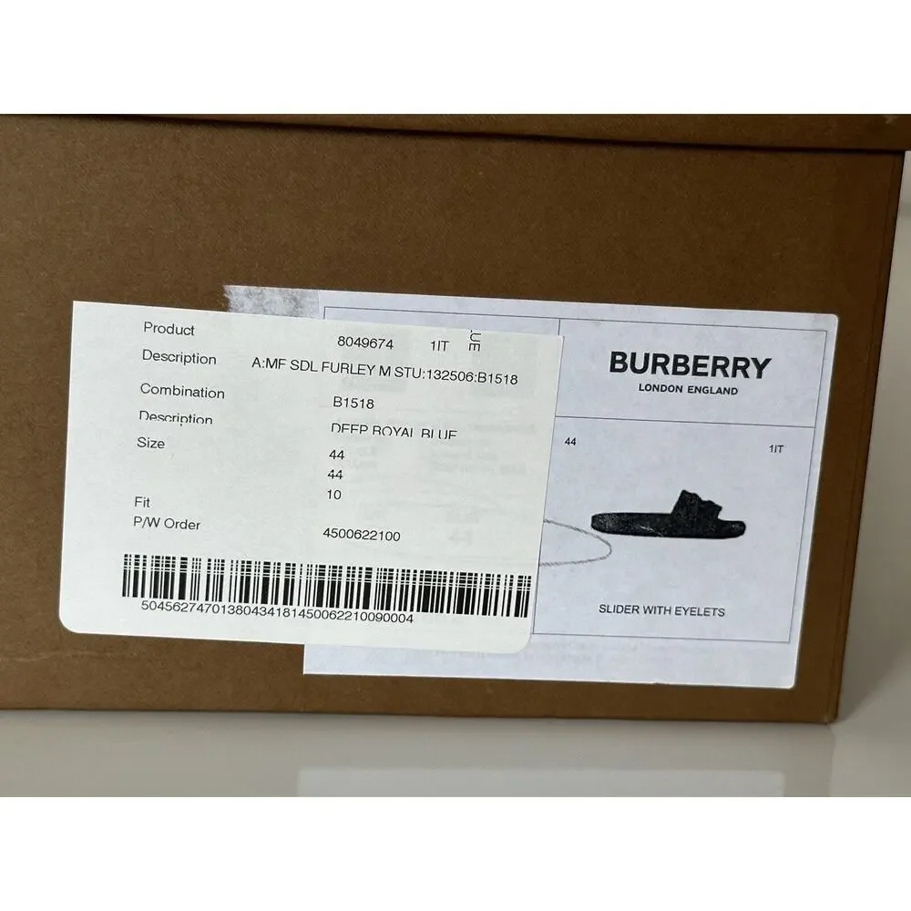 NIB $420 Burberry Eyelet Men’s Furley Royal Blue Slide Sandals 11 US 8049674 IT