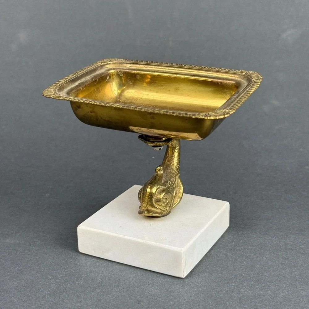 Vintage Italian Brass Koi Soap Dish Marble Base Trinket Tray Made in Italy