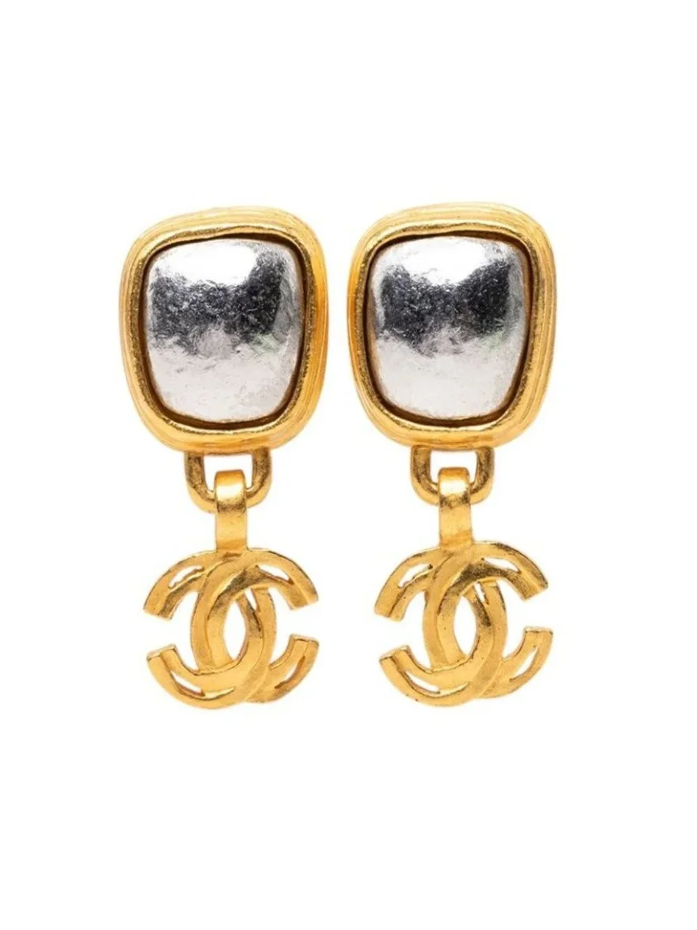 Chanel CC Logo Vintage Square Swing Earrings Gold Silver Plated