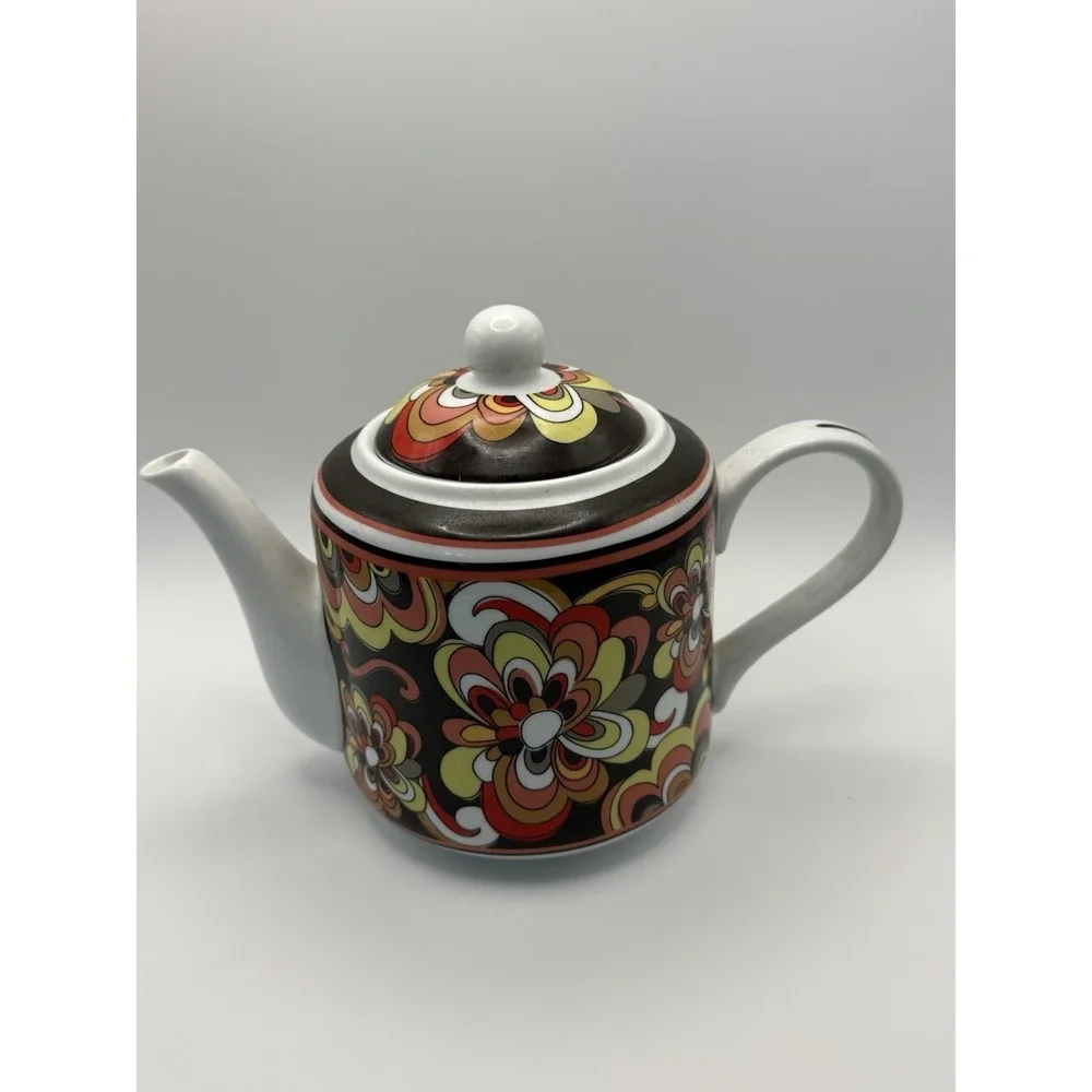 Retired Vera Bradley Puccini Teapot Brown Yellow Retro Floral Groovy Pot