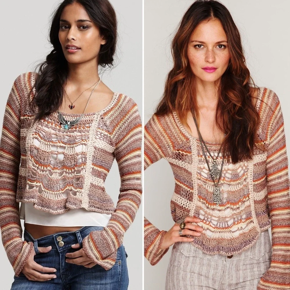 Free People Phoenix Crochet Striped Bell Sleeve Boho Sweater Women’s Size Medium