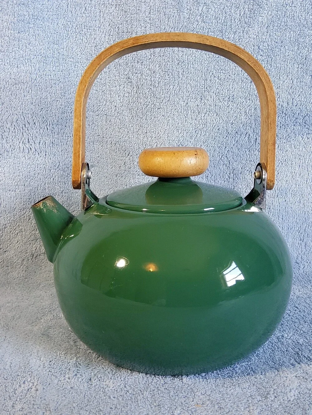 Vintage Enamelware Knob Teapot Kettle Teak Wood Handle Green Unbranded