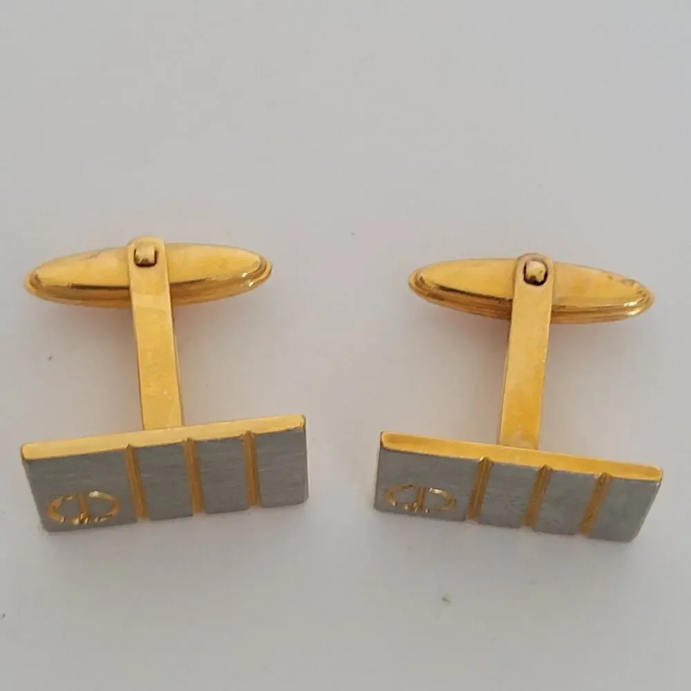 Dunhill D Cufflinks Silver Gold Tone Logo Rectangle Logo Retro Stripped Designer