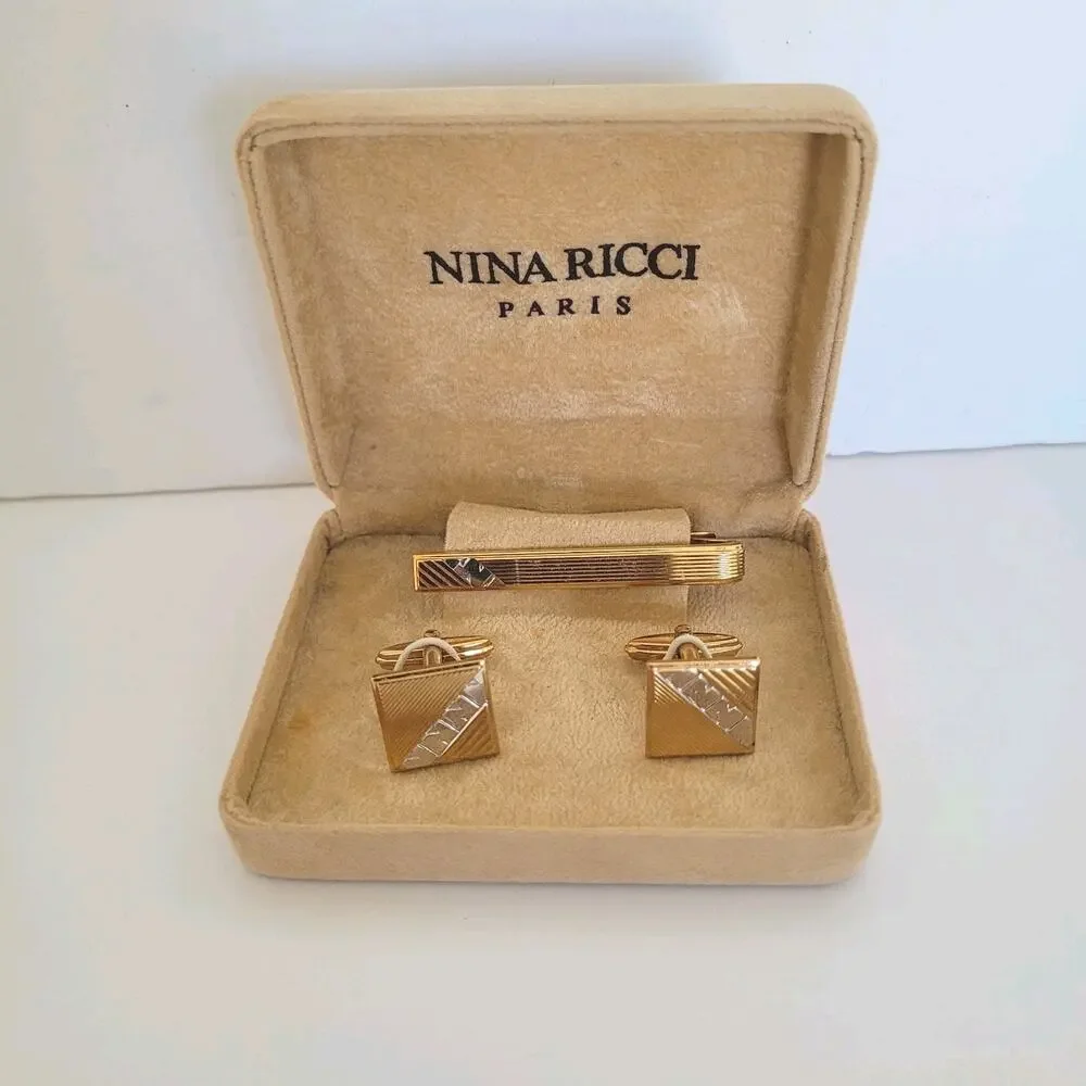 Nina Ricci French Tie Bar Clip Cufflinks Set Gold‎ Silver Tone Logo Two Tone Box