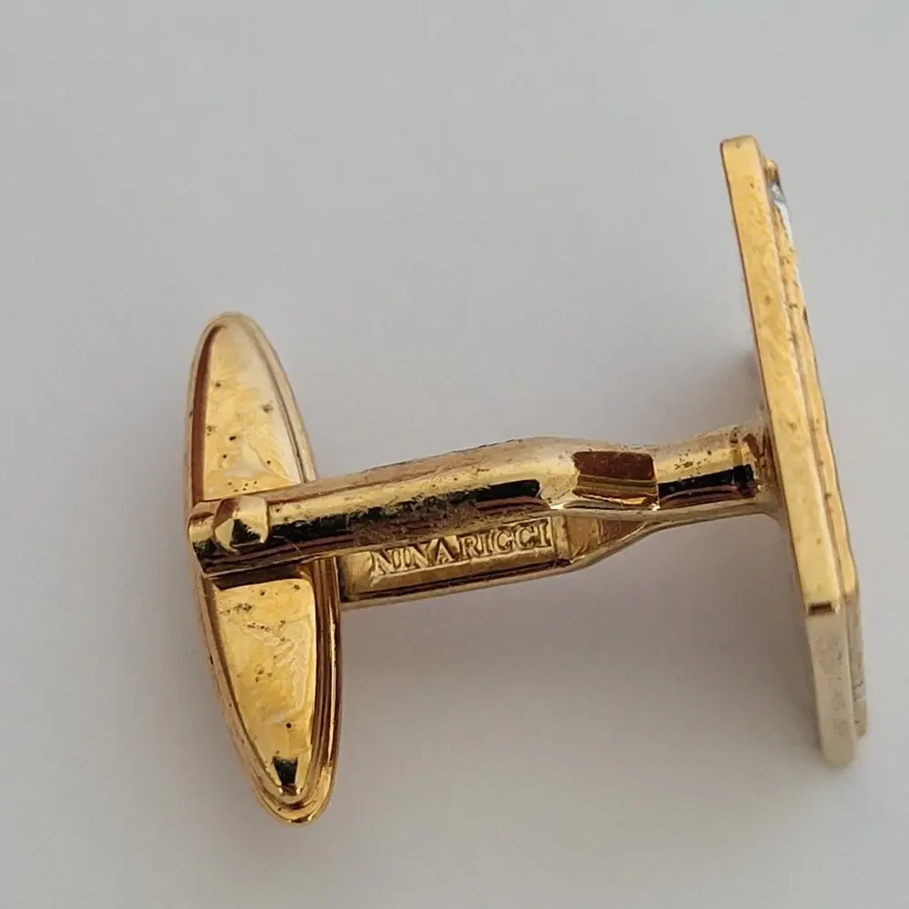 Nina Ricci French Tie Bar Clip Cufflinks Set Gold‎ Silver Tone Logo Two Tone Box