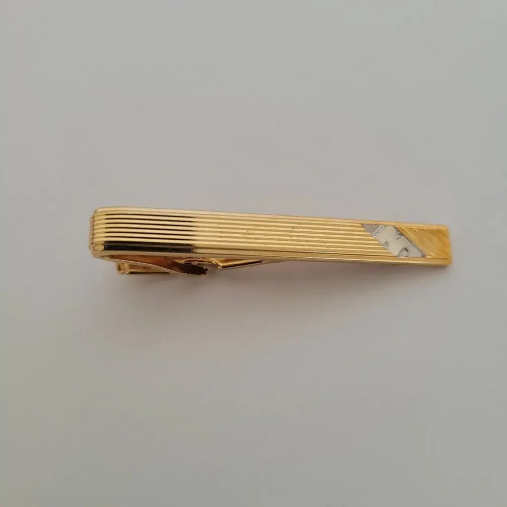Nina Ricci French Tie Bar Clip Cufflinks Set Gold‎ Silver Tone Logo Two Tone Box