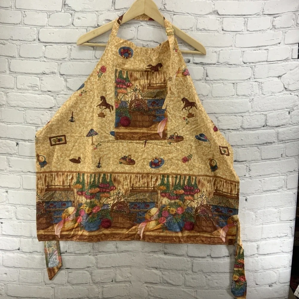 Kitchen Apron Garden Print Cottagecore Beige Flower‎ Baskets Horses