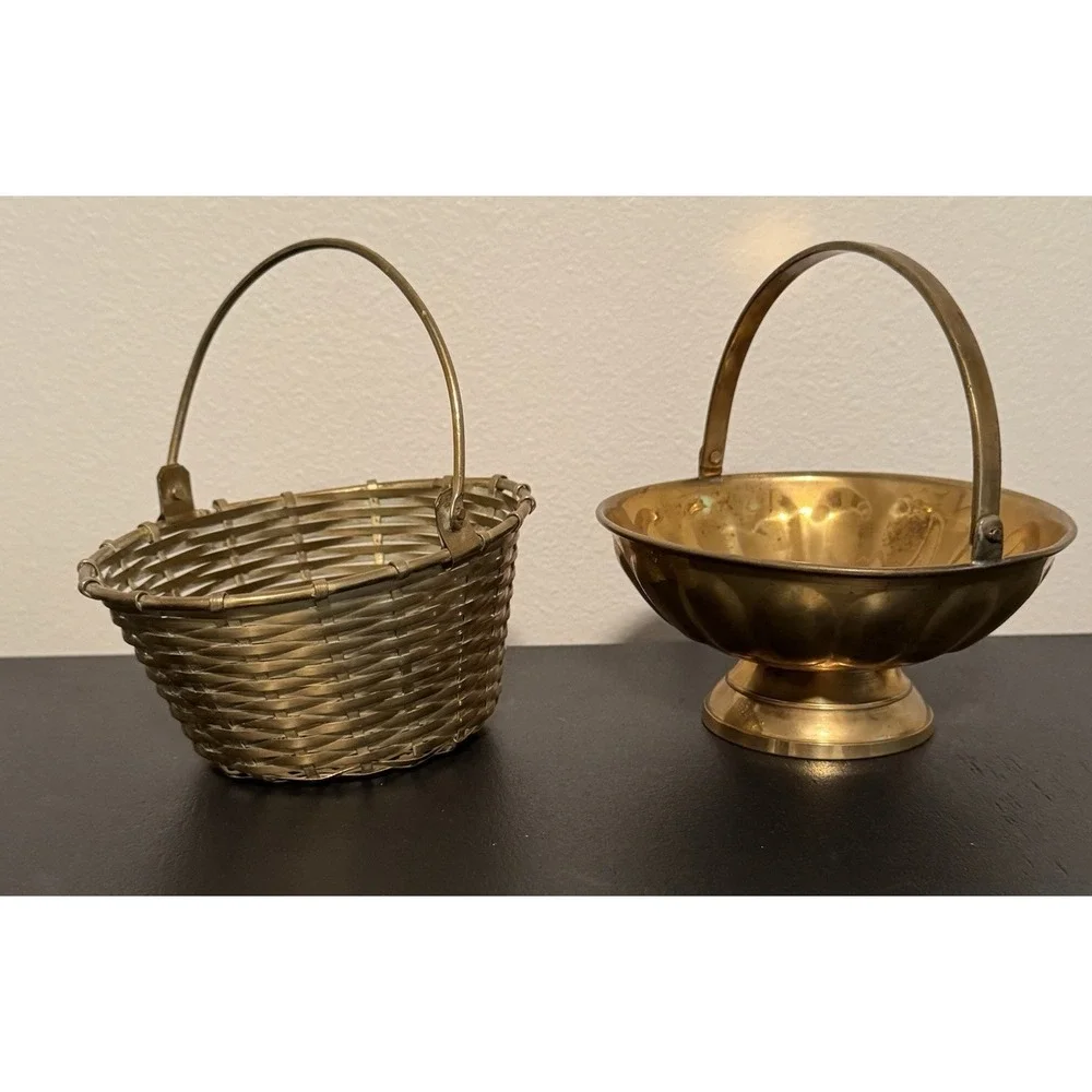 Vintage Brass Wire‎ Metal Woven Baskets W/ Movable Handle Made In India MCM mini