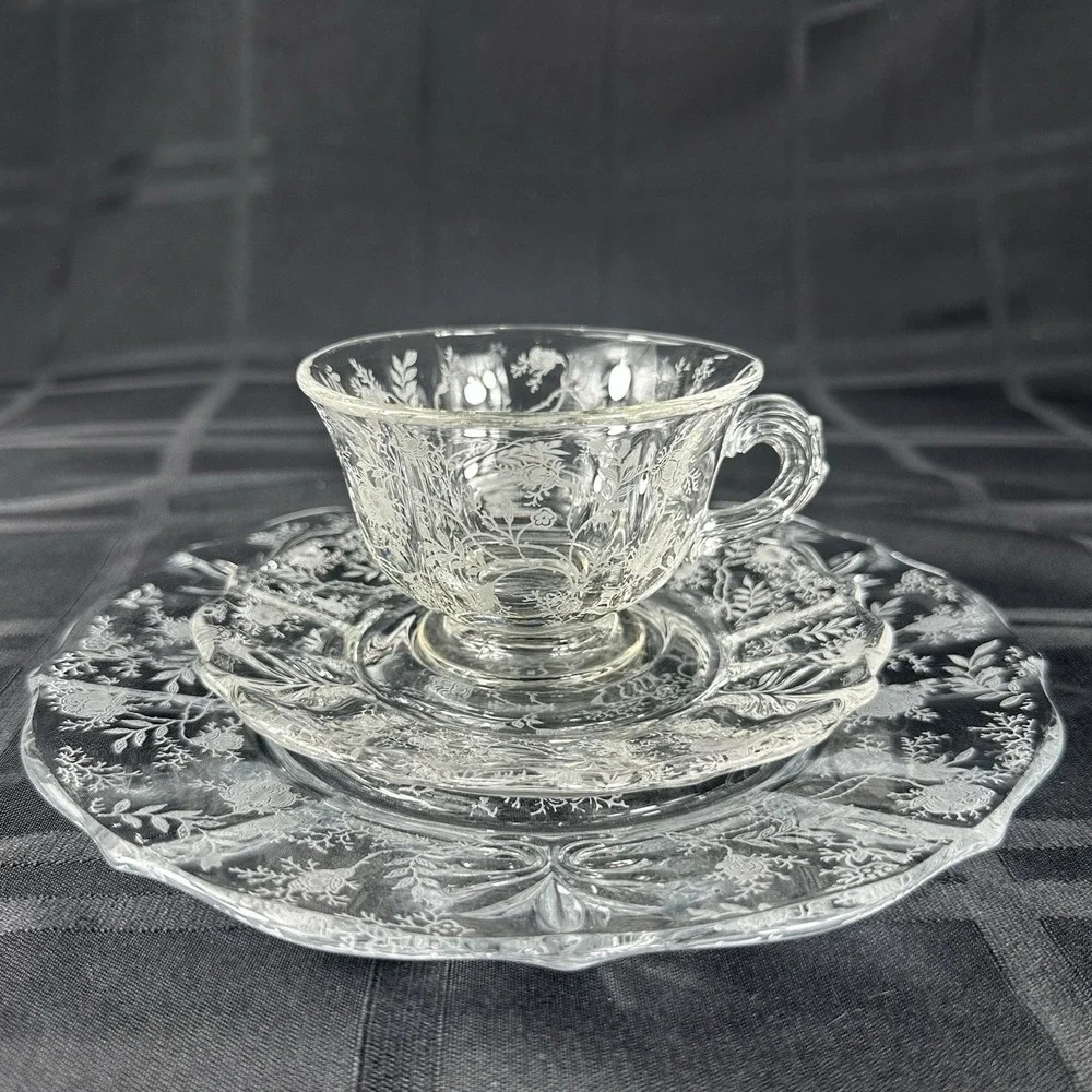 Vintage Fostoria Chintz Trio Set • Etched Glass Cup Saucer Plate • Baroque Blank