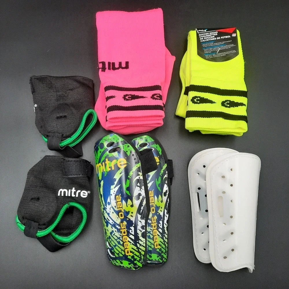 Mitre Junior Soccer Gear Set Socks, Shinguards Supports Neon Colors