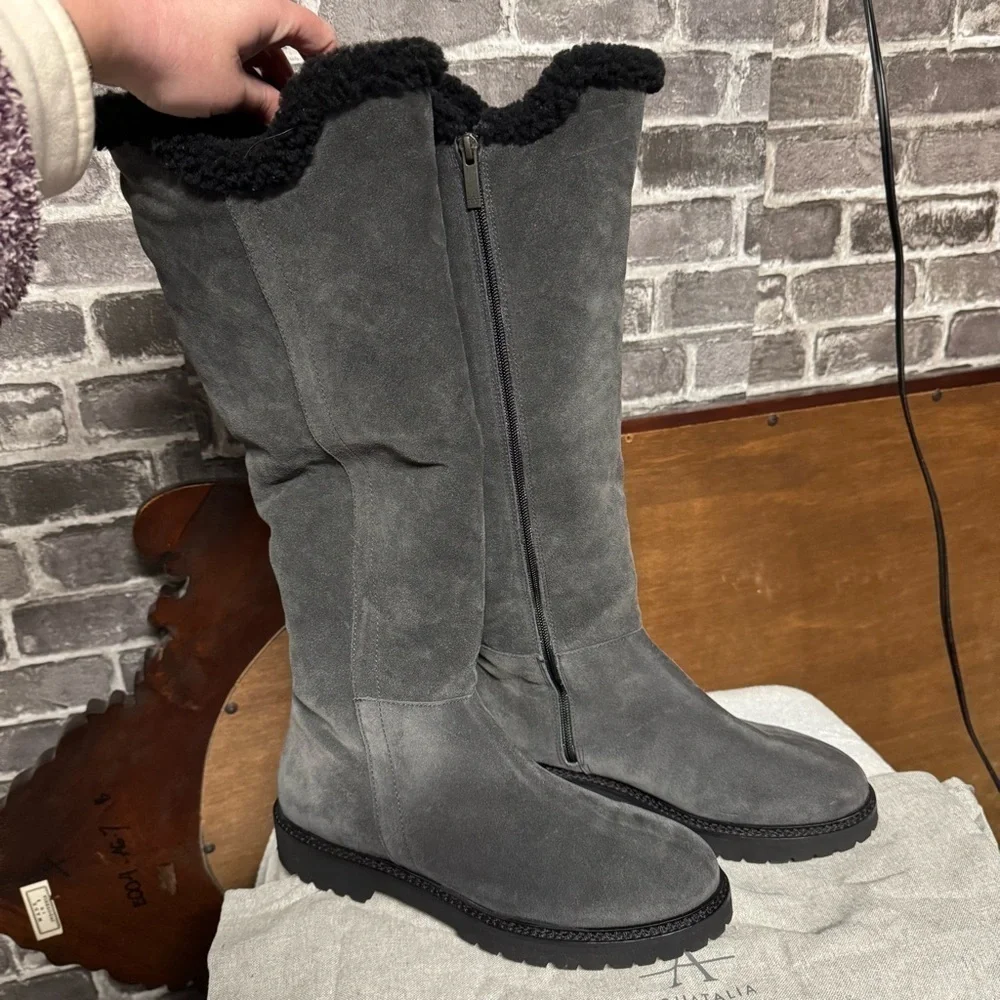 NEW AQUATALIA SHEARLING FUR LINED Mikenna Grey Suede Knee High Boots