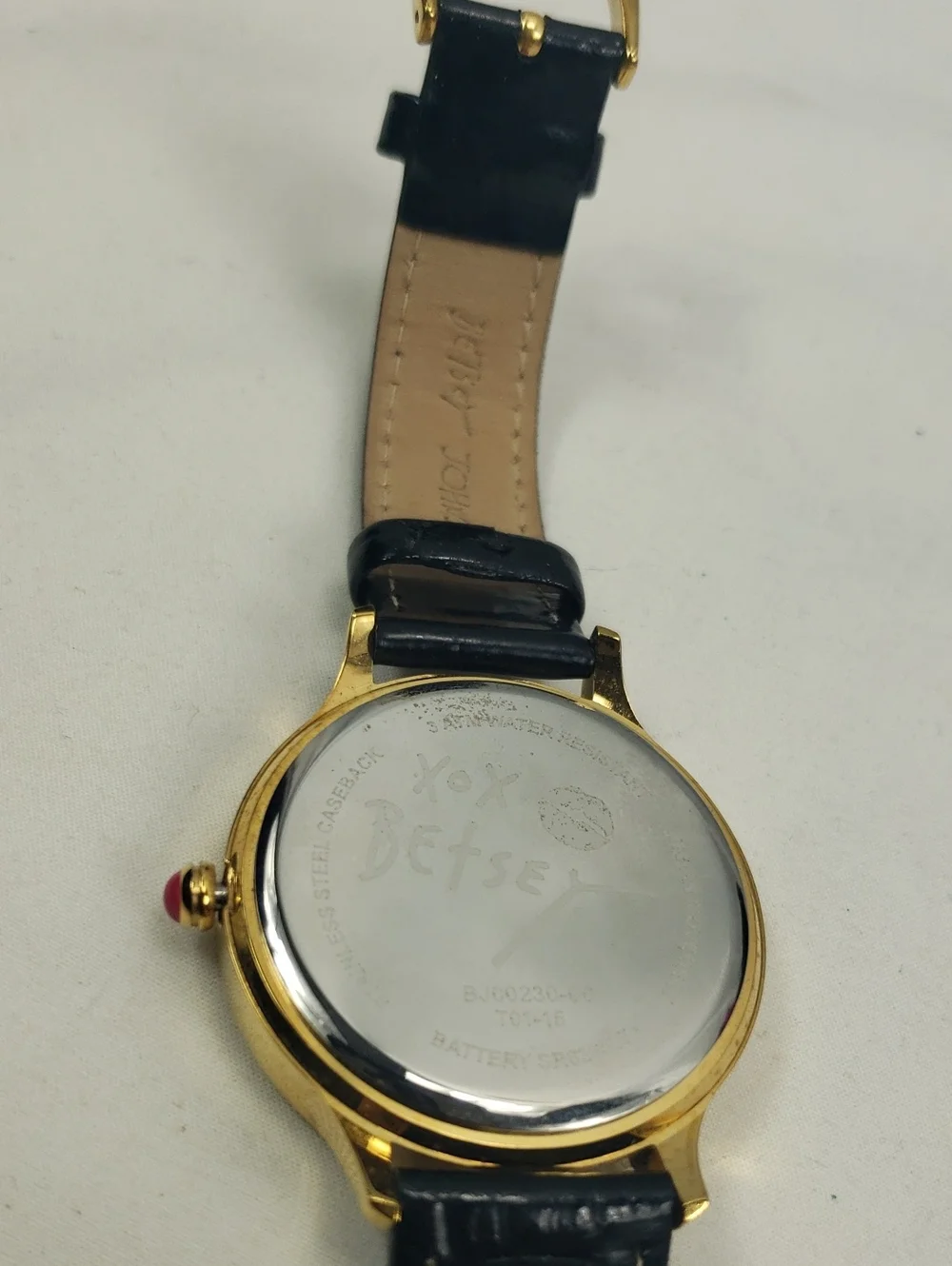 Betsey Johnson Working Rhinestone Black Leather Band Watch