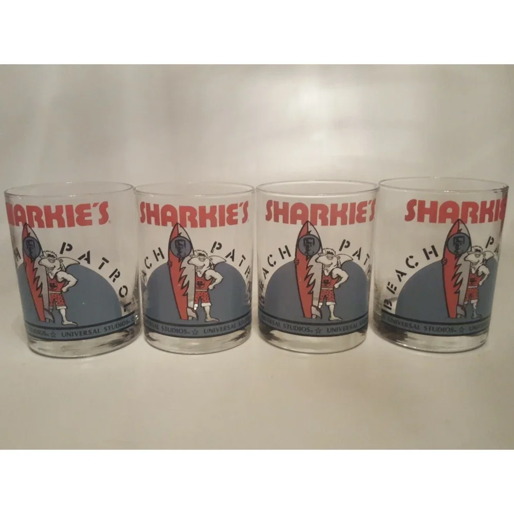 4x Vintage Universal Studios Frankenstein Sharkie's Beach Patrol Glasses Cups