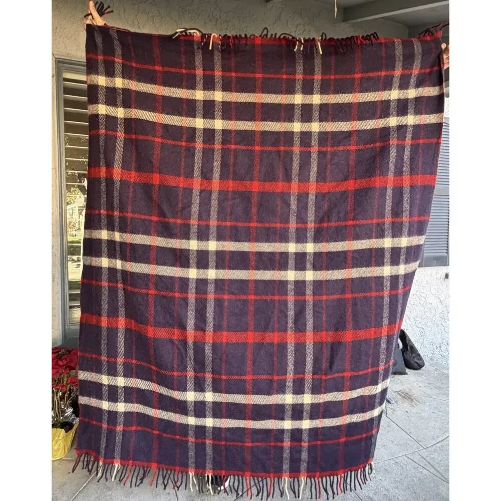 Vtg 60’s 100% Wool Throw Blanket Red Blue Tartan Plaid MCM‎ Small Twin 76x55