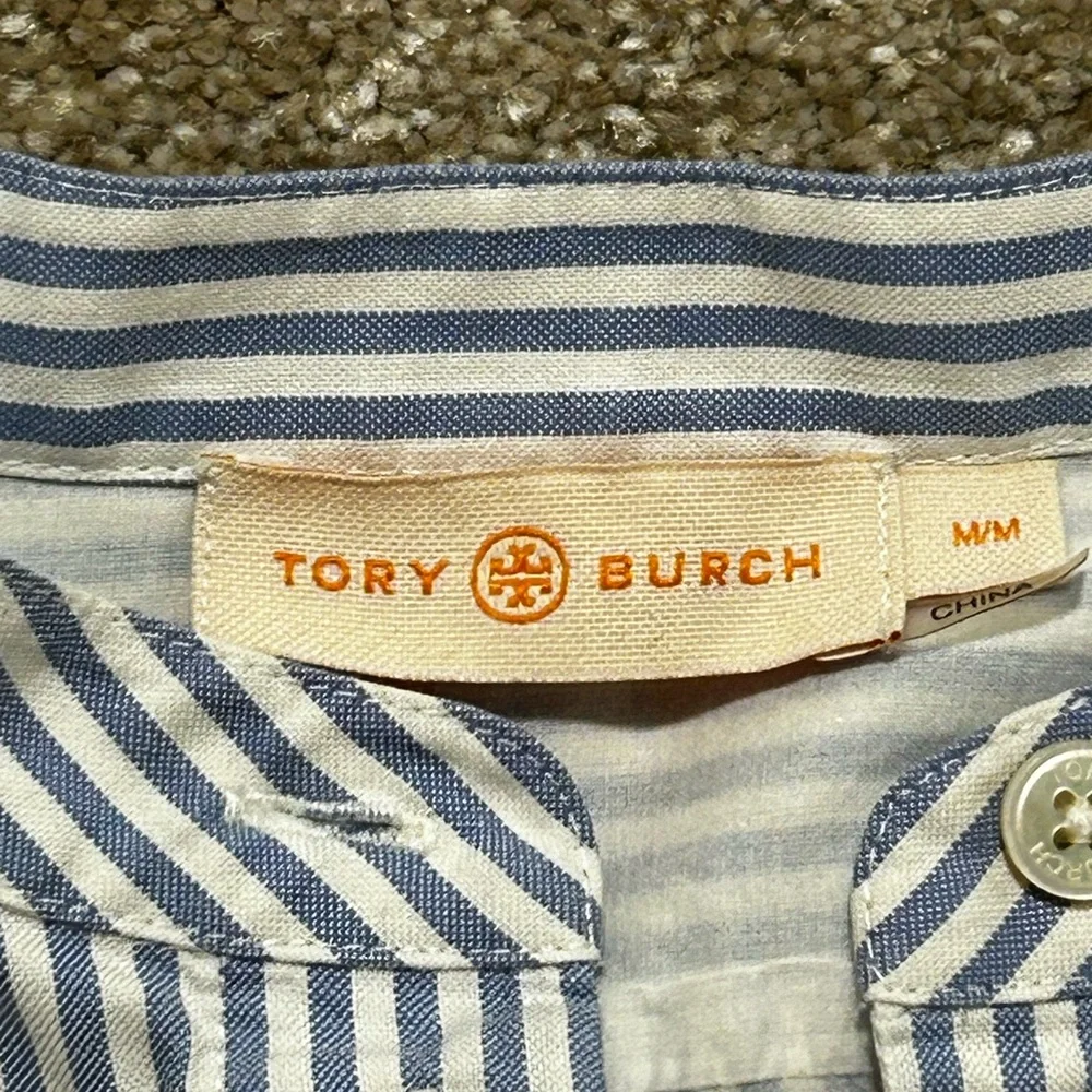 Tory Burch M Long Sleeve Blouse‎ Striped Cotton Blend Mandarin Collar Blue White