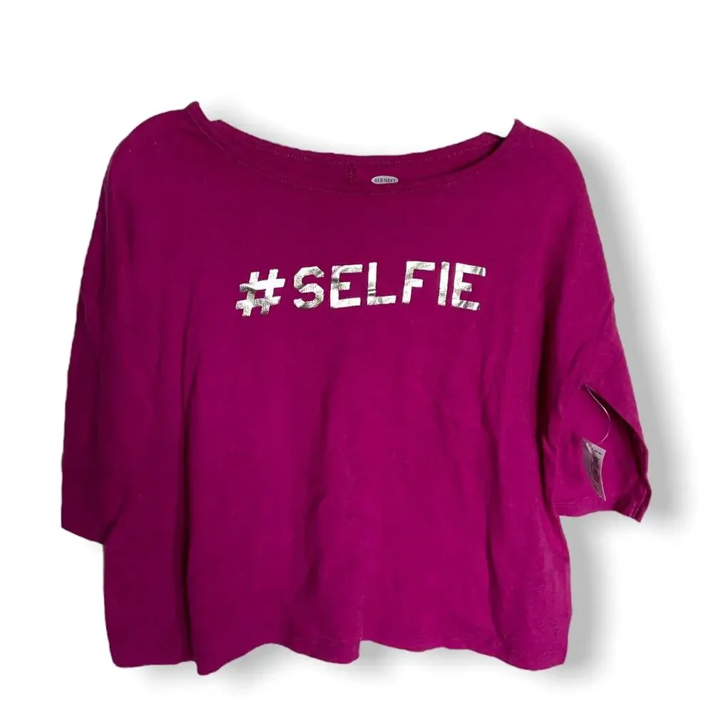 Old Navy Girls Top Size XS 5‎ Drop Shoulder Fuchsia Hashtag Selfie NEW
