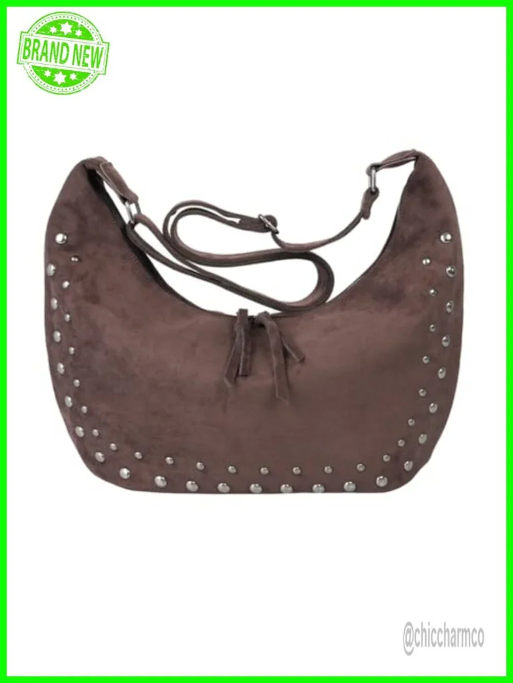 Faux Suede Hobo Bag with Studs - Adjustable Crossbody Shoulder Purse