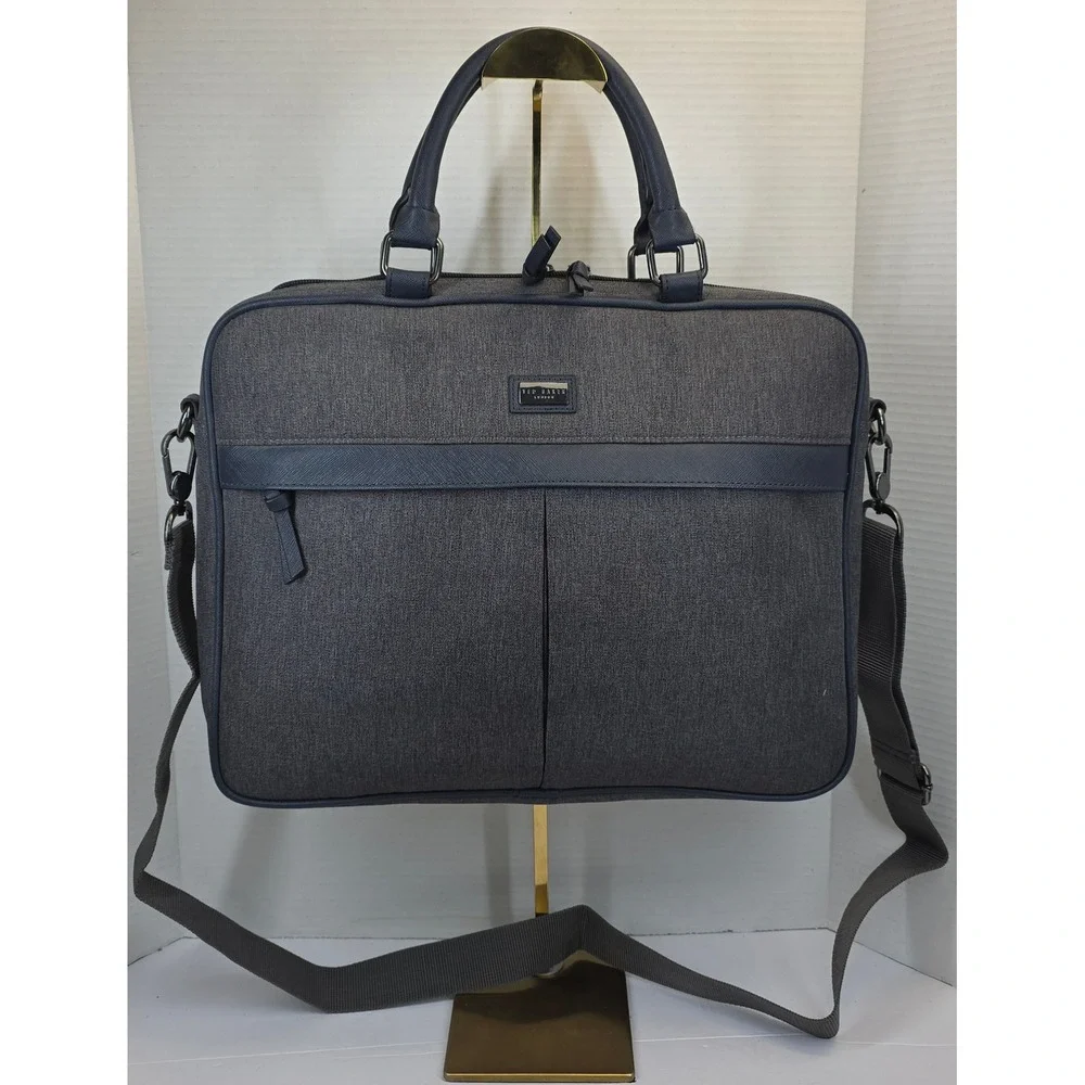 Ted‎ Baker London Grey Marl Navy Trim Laptop Briefcase Messenger Bag