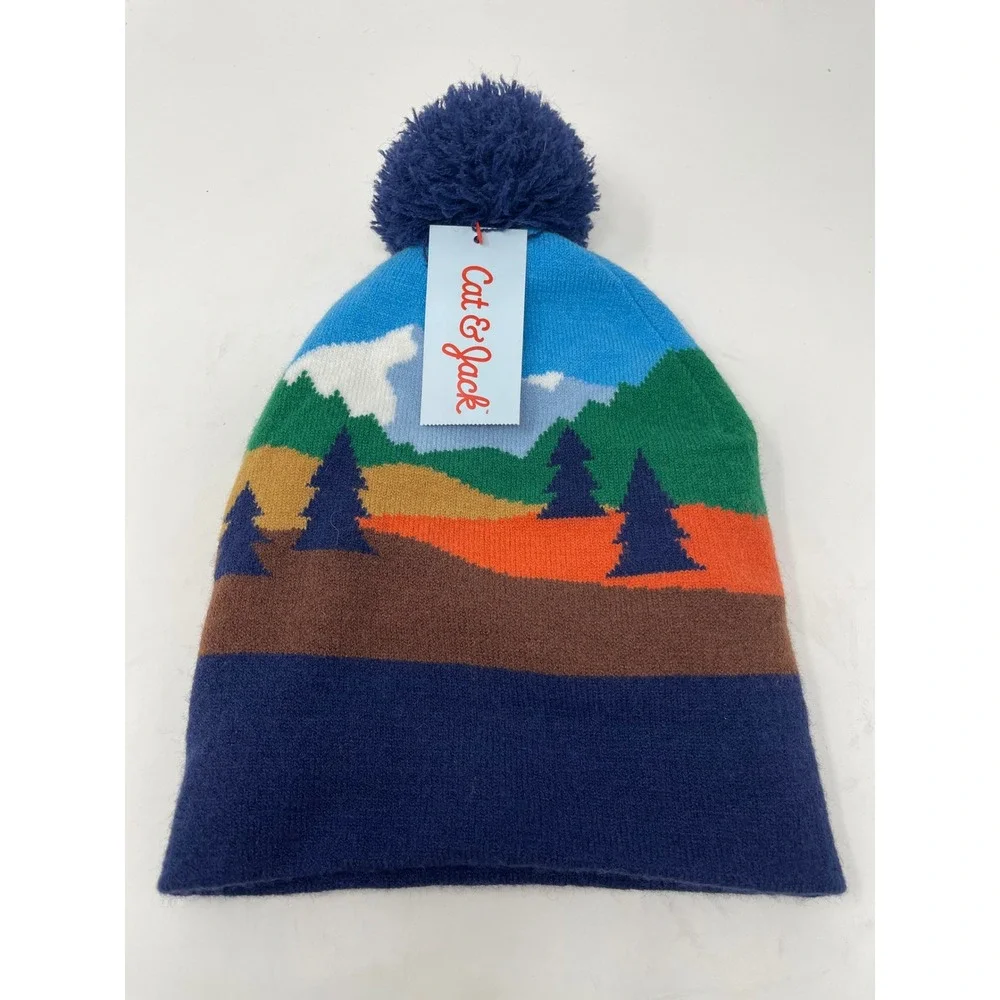 Cat & Jack Beanie Kids OSFM Blue New Mountain Landscape Pom Pom Knit Hat‎