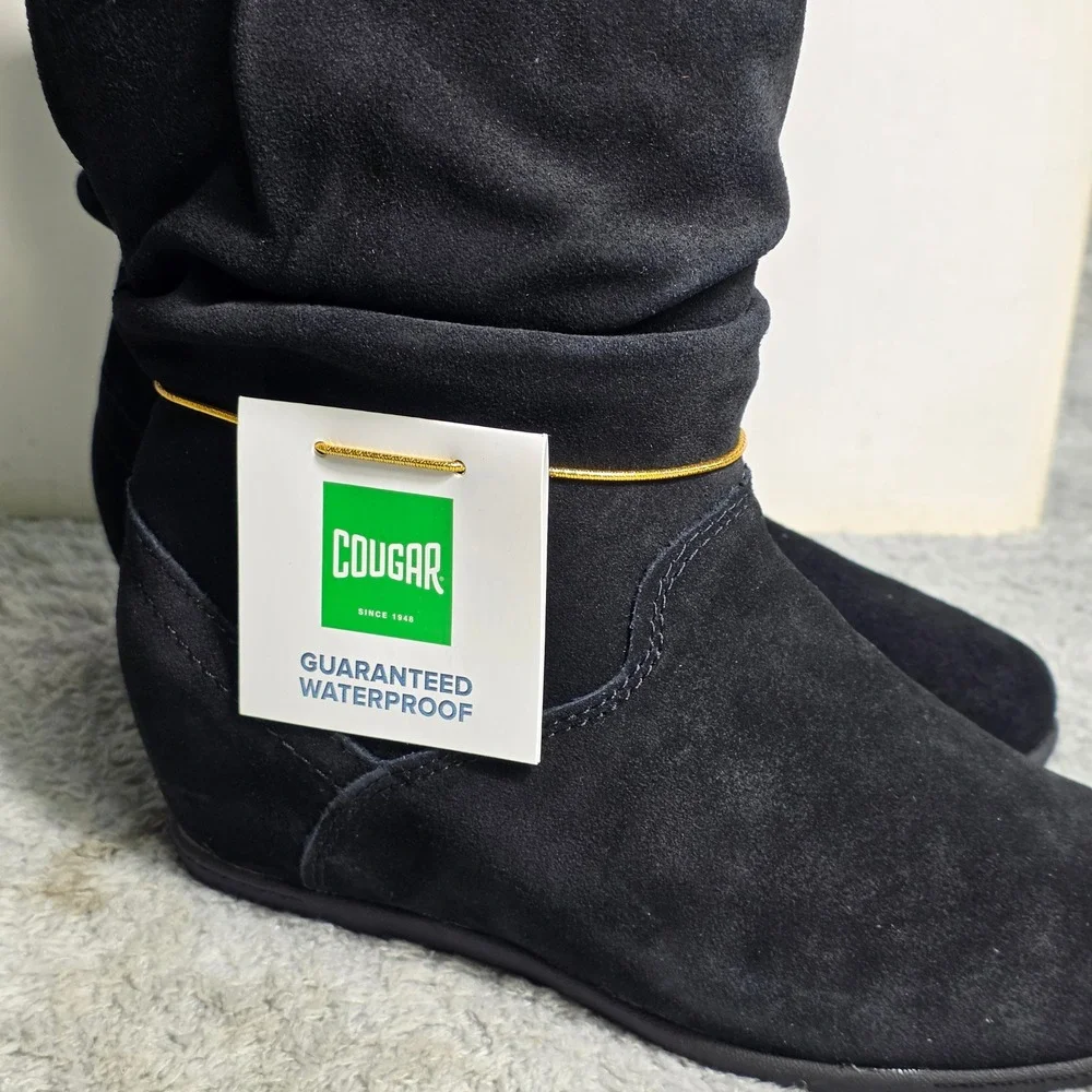 Cougar Buttery Suede Boots Black‎ Waterproof Slouchy Leather Wedge Women 6 W NEW