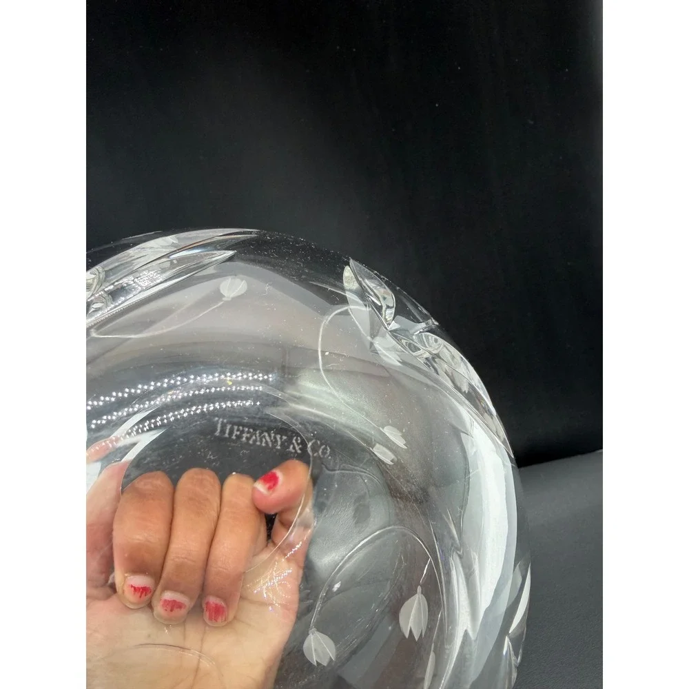 Tiffany & Co Crystal‎ Rose Bowl Vase Snowdrop Etched Floral Glass Round 5 Inch