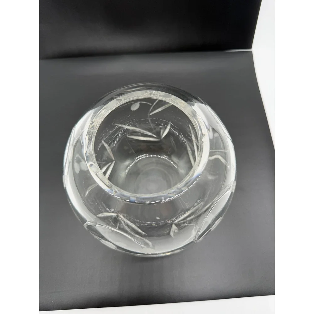 Tiffany & Co Crystal‎ Rose Bowl Vase Snowdrop Etched Floral Glass Round 5 Inch